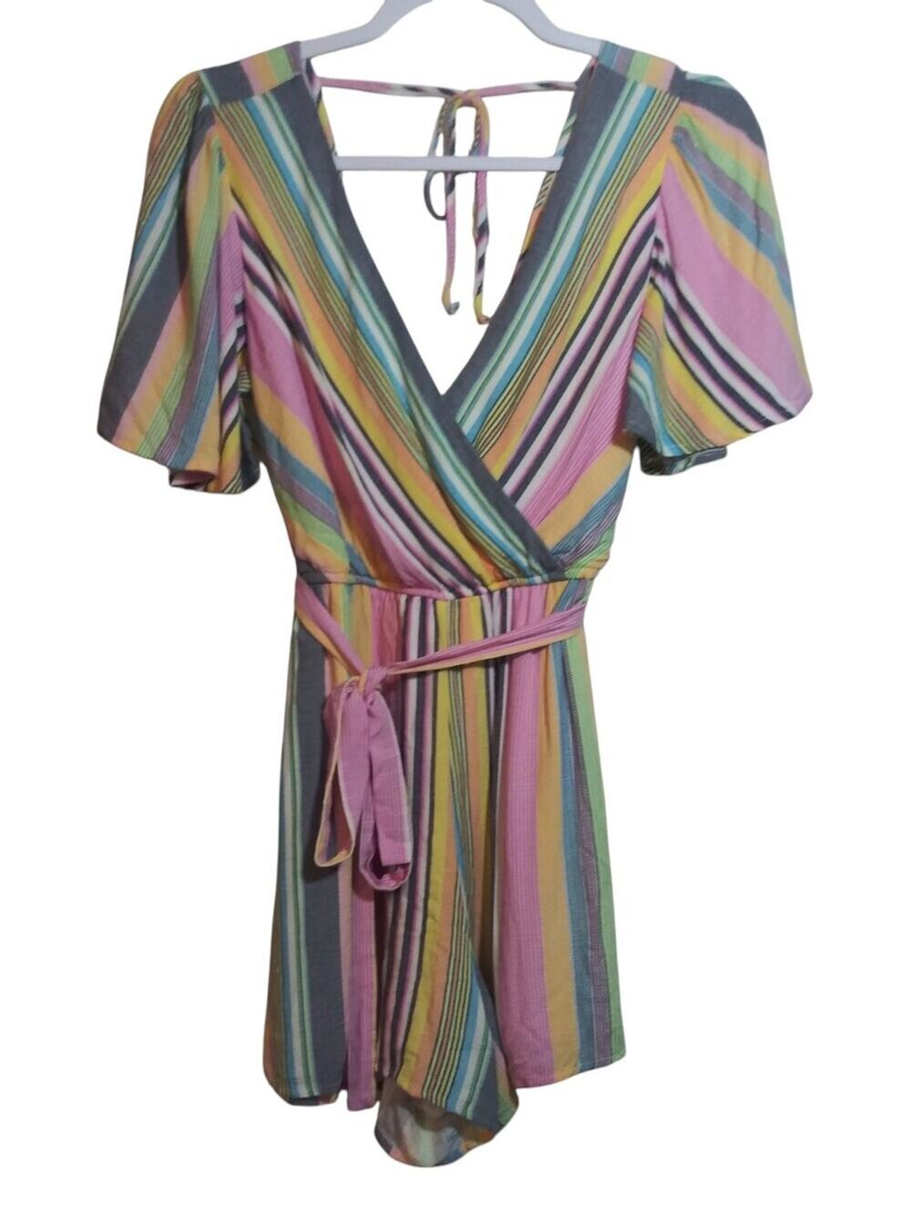 Francescas Collection Blue Rain Delaney Striped Wrap Romper Beach Vacation Sz S